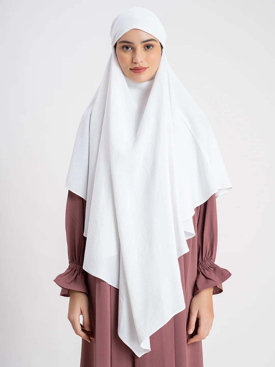 1. Premium white khimar for Muslim women modest fashion online in India by Mawdeest