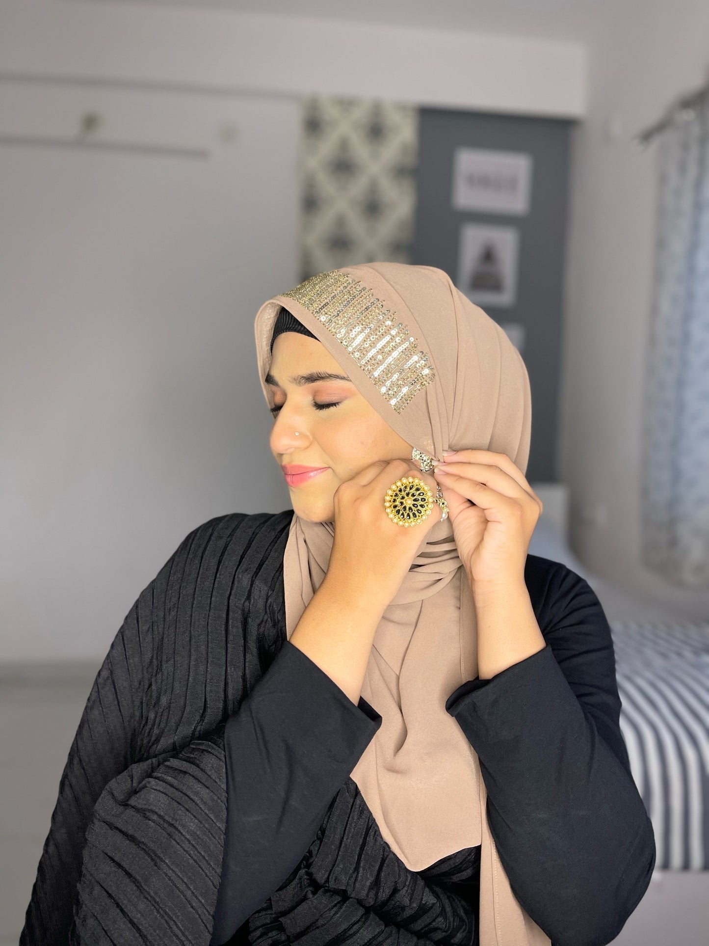 Luxury Handwork Partywear Hijab - Nude Brown Sparkle