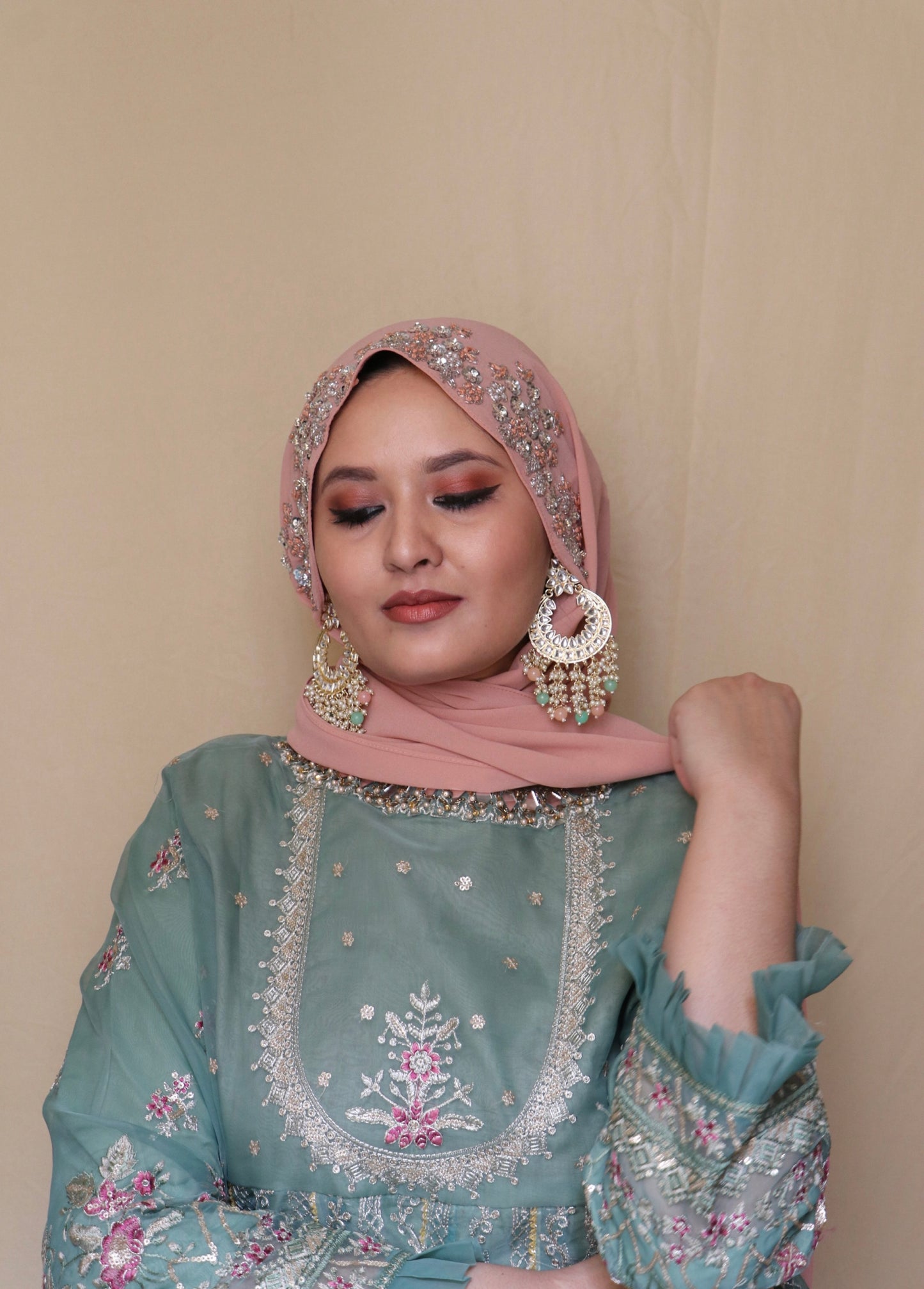 Luxury Handwork Partywear Hijab - Soft Peach