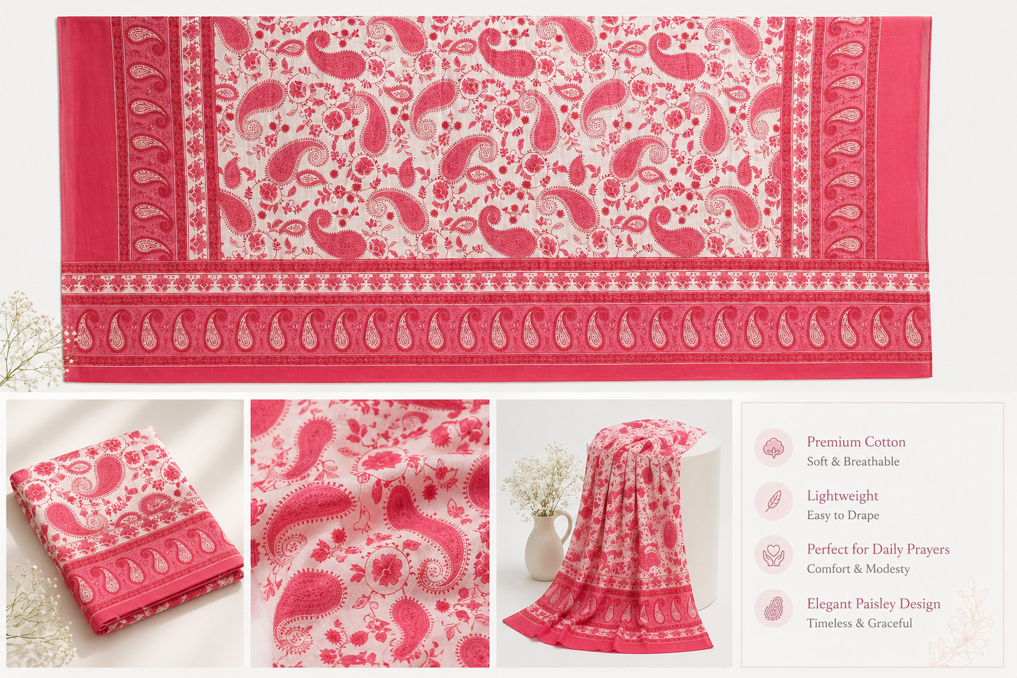 Premium Soft Cotton Namaz Dupatta – Lightweight Breathable Prayer Scarf (Pink Paisley Print)