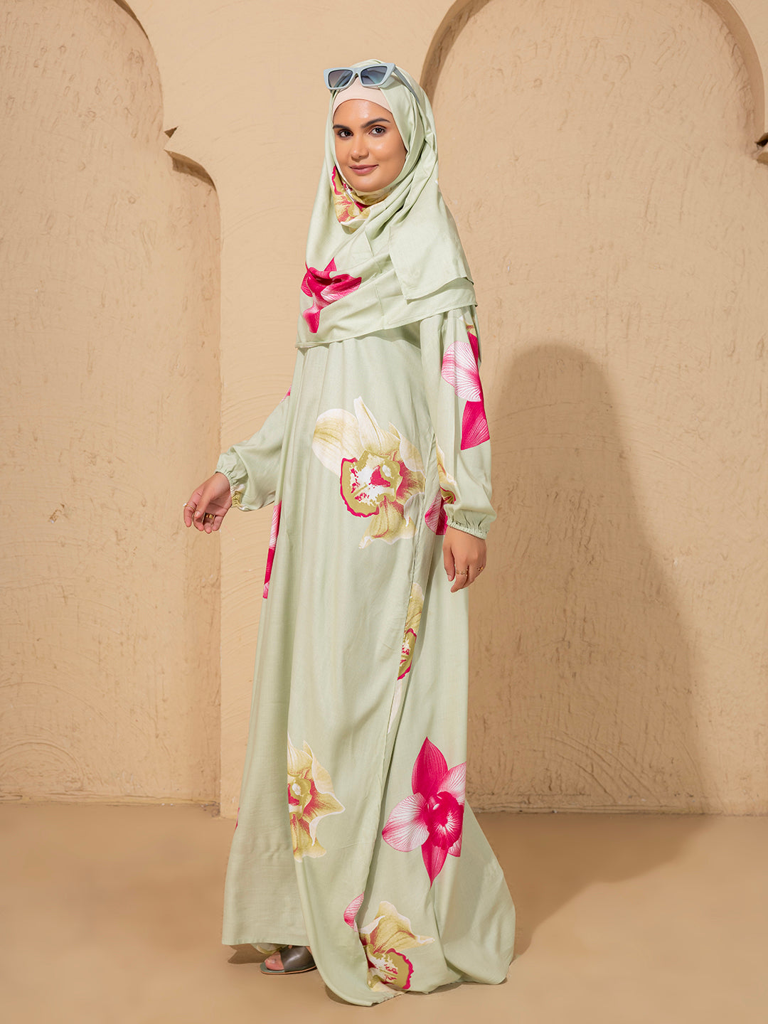 Green Floral Print Prayer Gown
