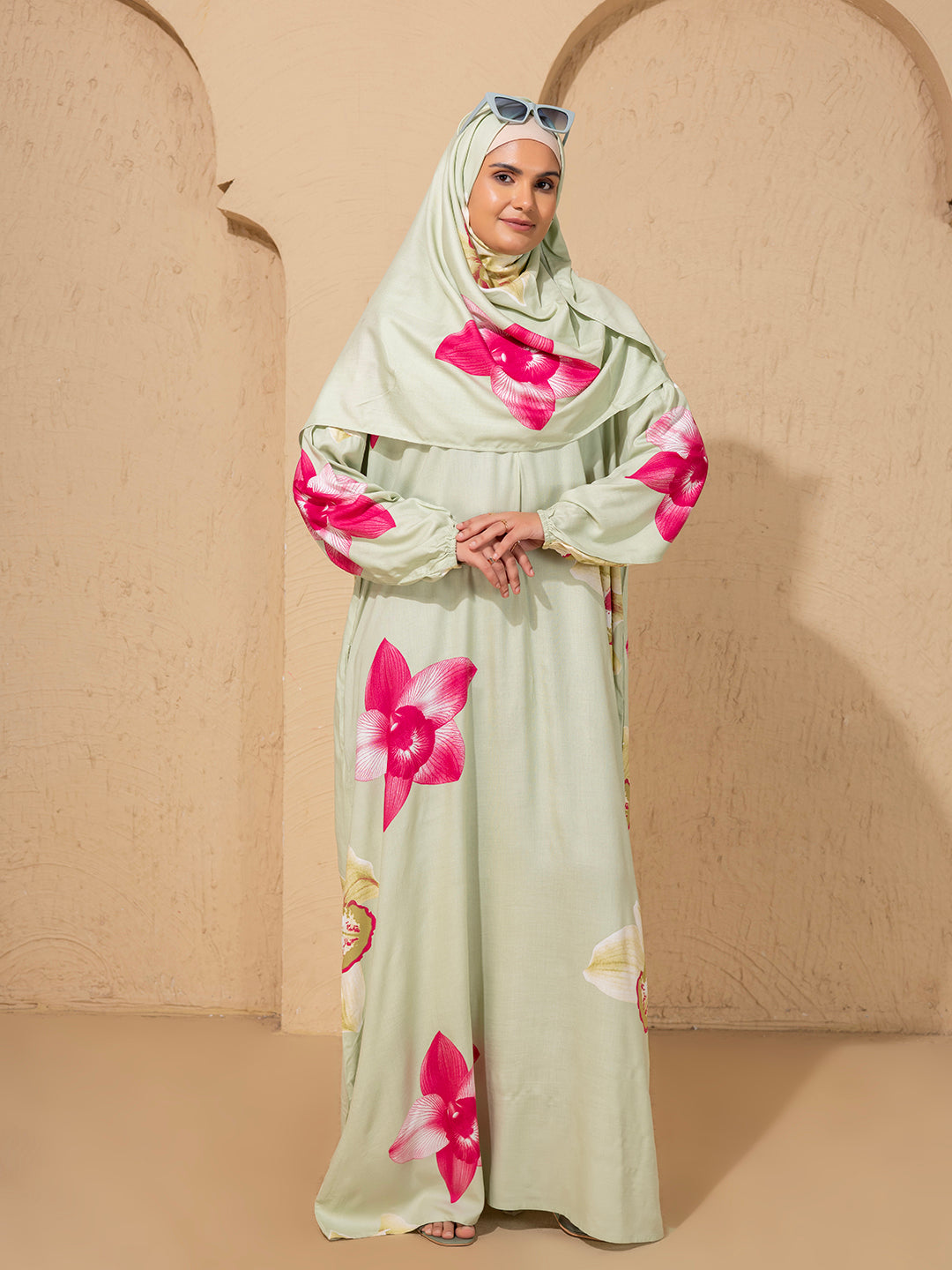 Green Floral Print Prayer Gown