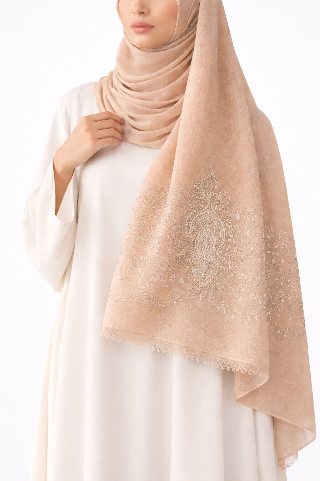 Paisley Thread Embroidery Hijab - Peach Beige
