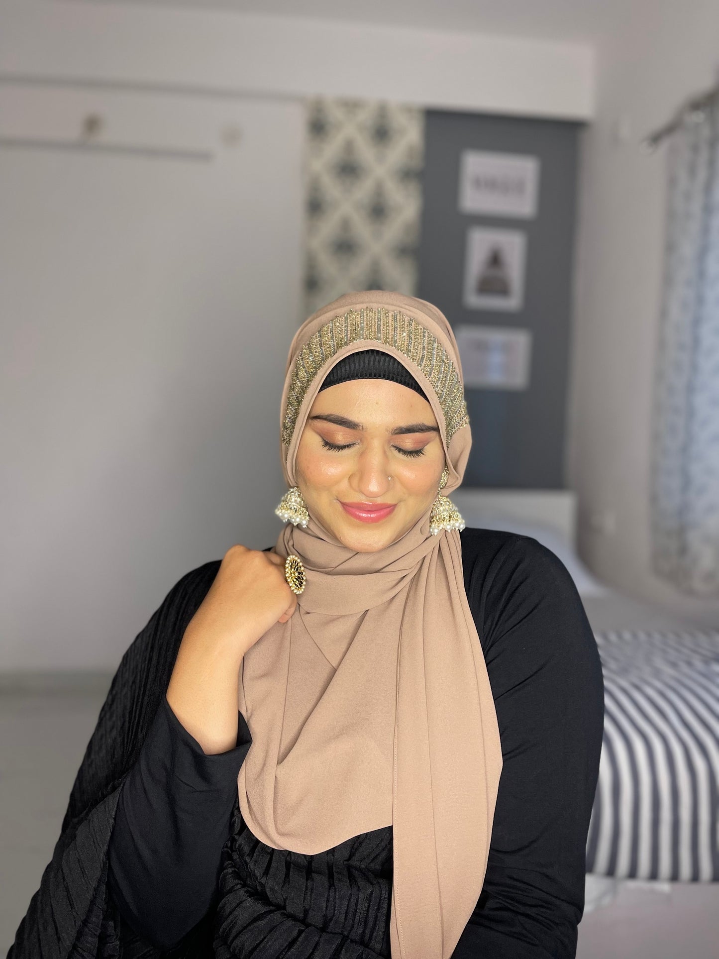 Luxury Handwork Partywear Hijab - Nude Brown Sparkle