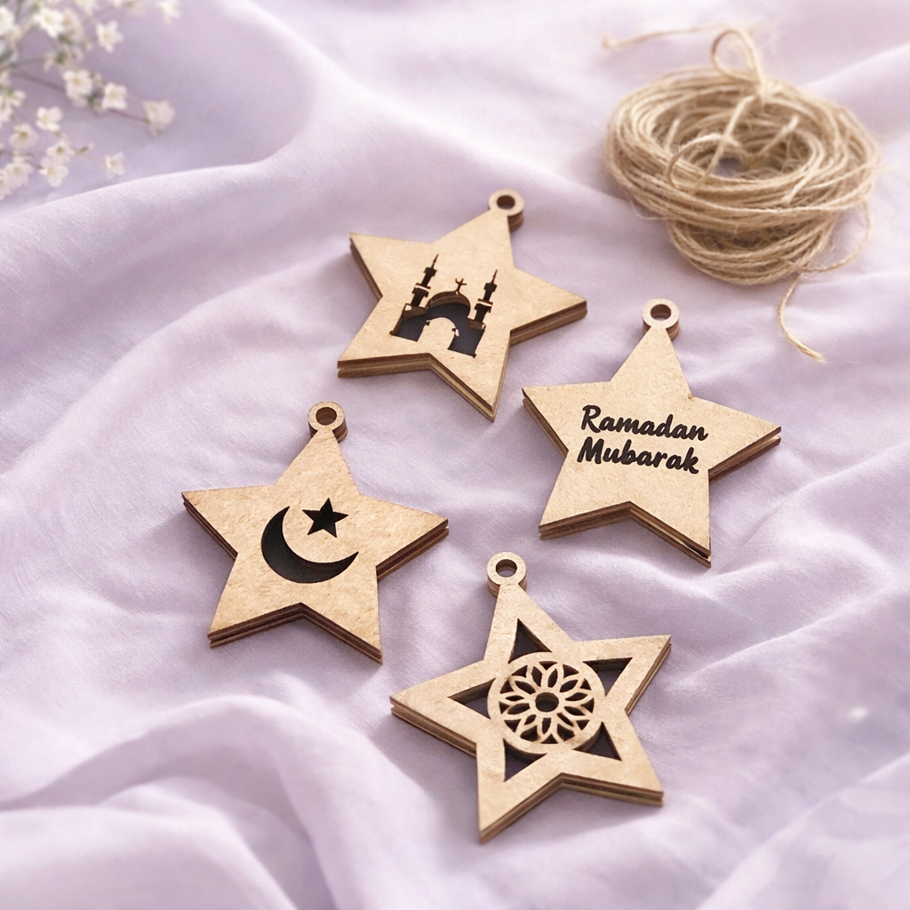 Ramadan Mubarak Wooden Star Hanging Decorations – DIY Colouring Craft Kit for Kids | Islamic Wall Décor (16 Pieces)