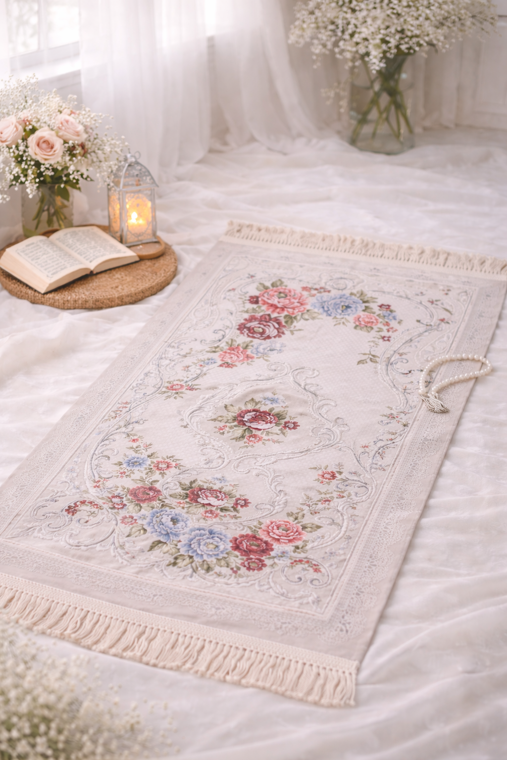 Beige Floral Janamaz (Prayer Mat) - Made in Turkey