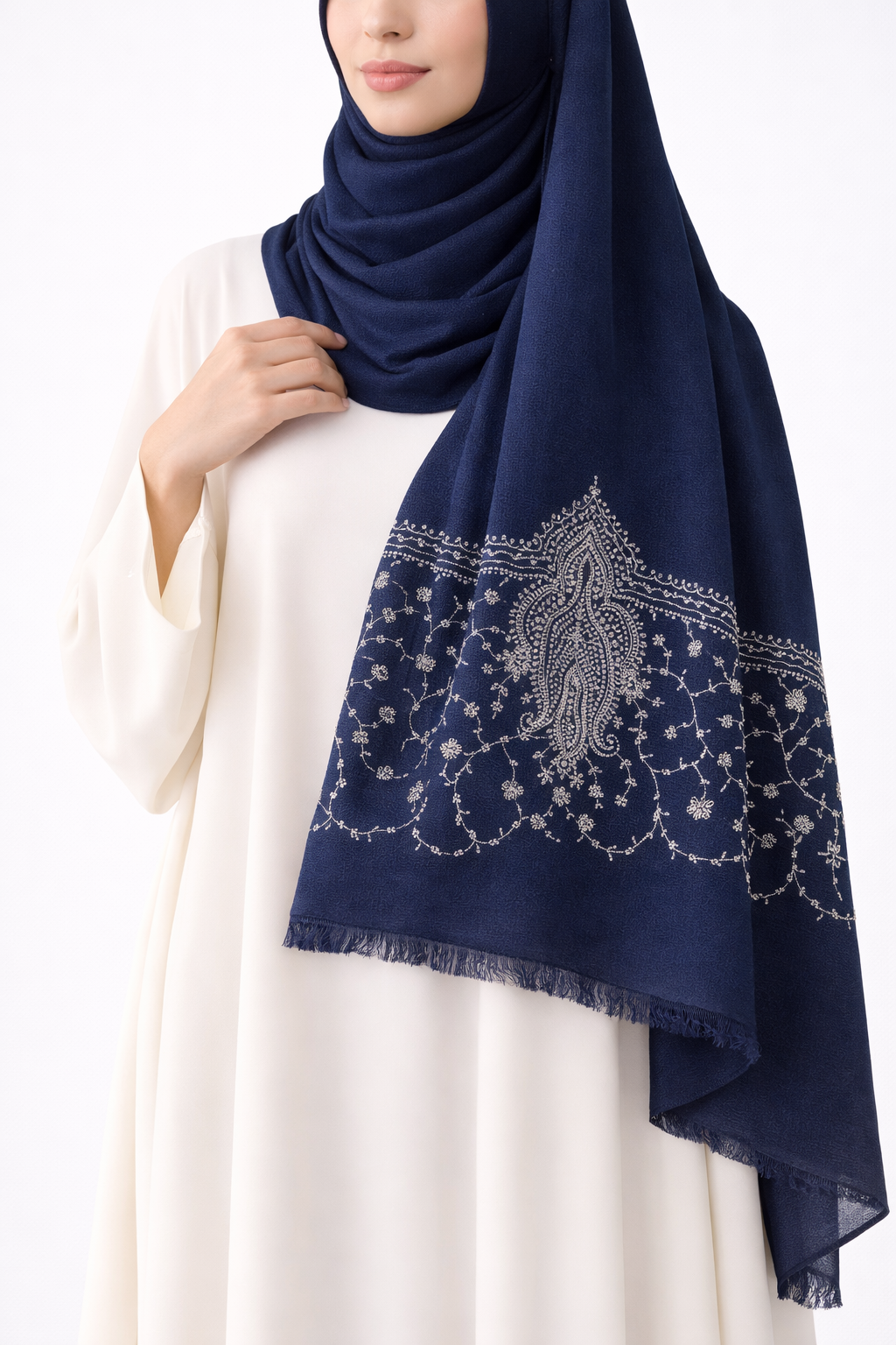 Paisley Thread Embroidery Hijab - Navy Blue