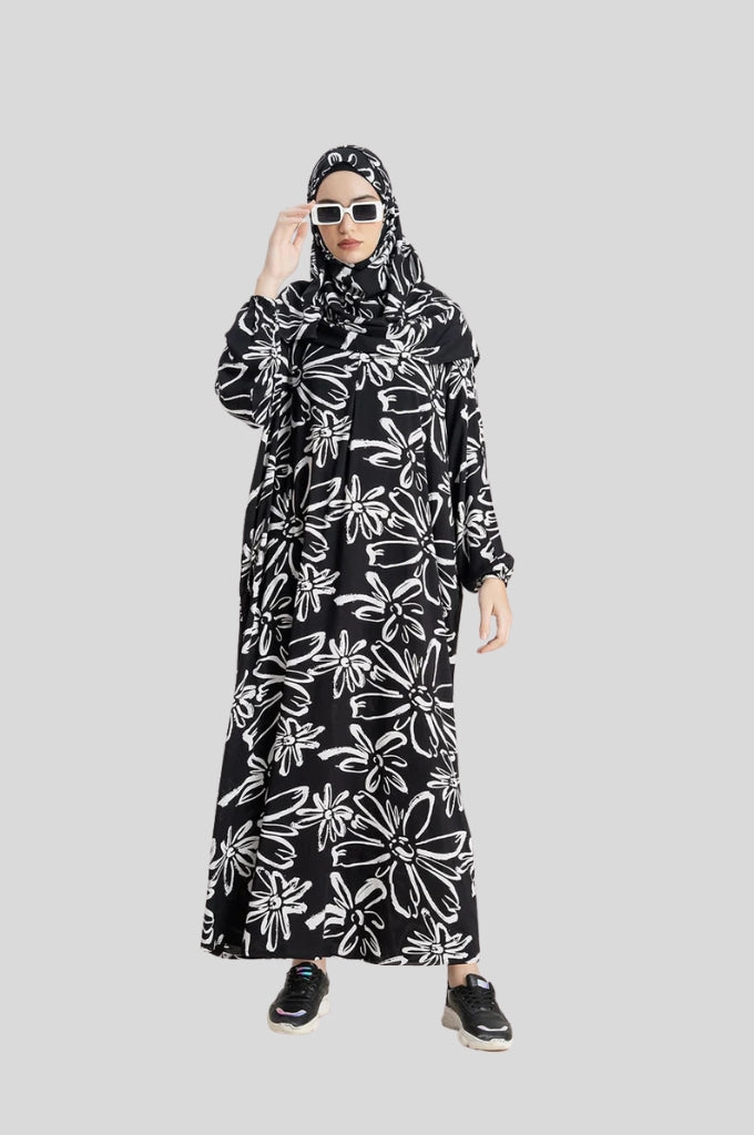Chic Leaf Print Prayer Gown Black