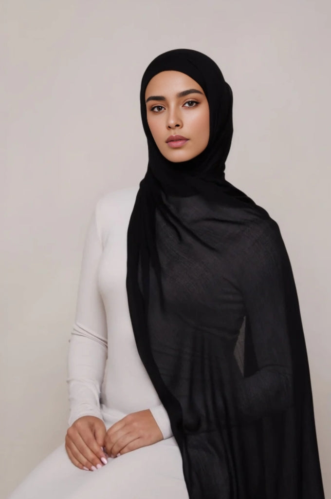 Classic black modal hijab for Muslim women – breathable lightweight premium scarf Mawdeest India
