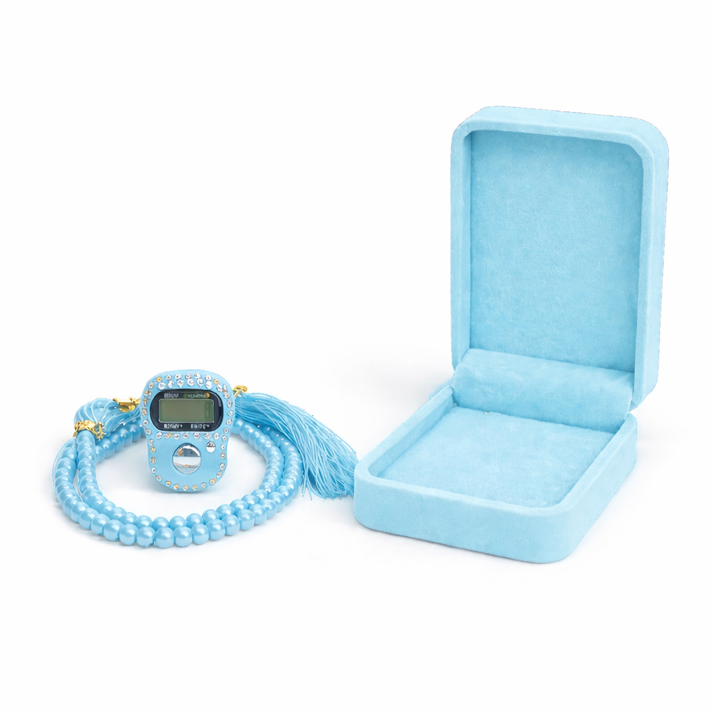 Blue velvet tasbih gift set with digital counter aesthetic Islamic gift India