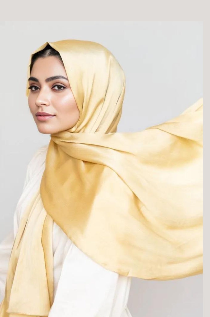 Yellow Gold crinkle silk satin hijab (muna satin hijab) – festive glossy hijab