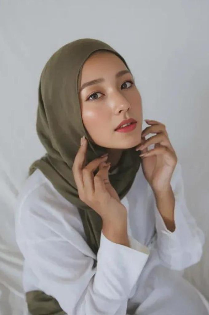 Order olive green soft cotton hijab online India breathable modest wear scarf for women – Mawdeest