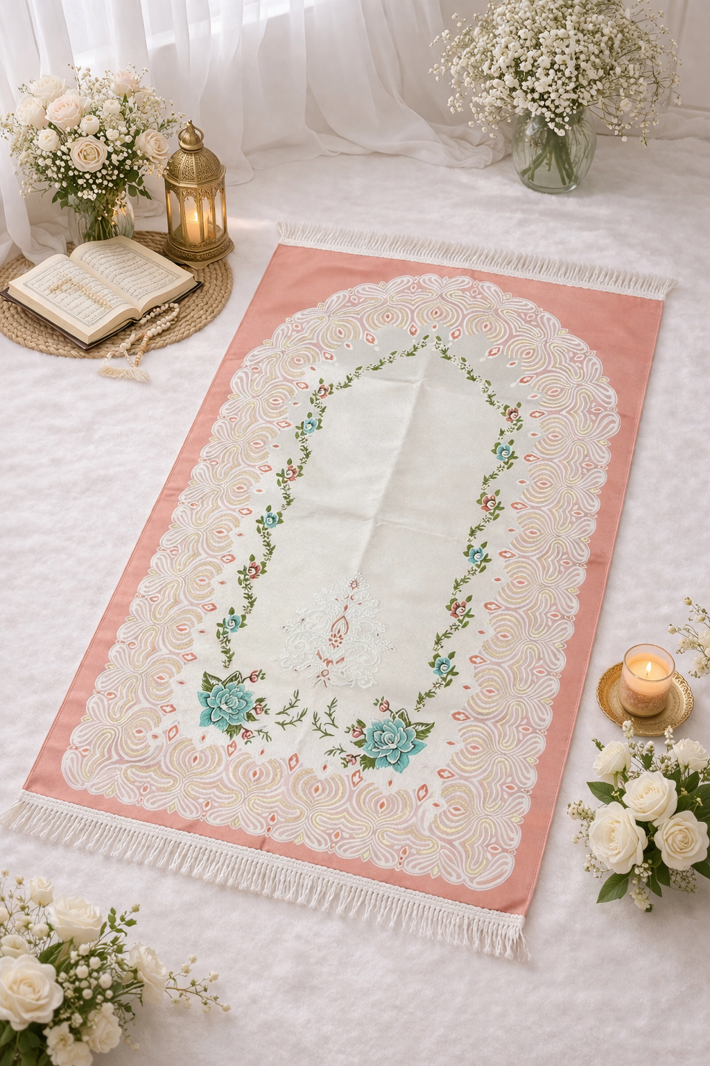 Pink floral Turkish janamaz prayer mat elegant Islamic namaz mat soft premium quality buy online India