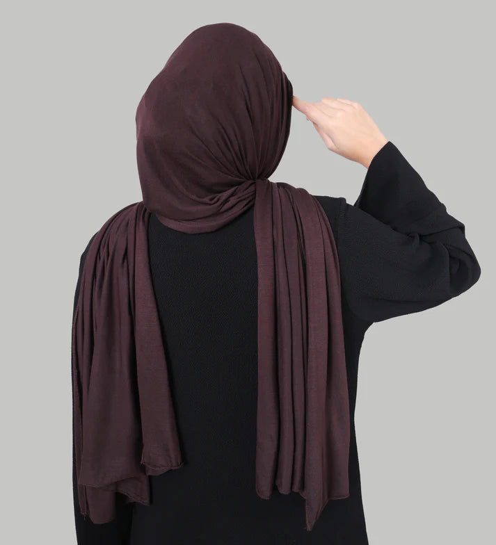 Premium jersey hijab in dark brown, breathable soft stretch hijab for everyday styling Mawdeest