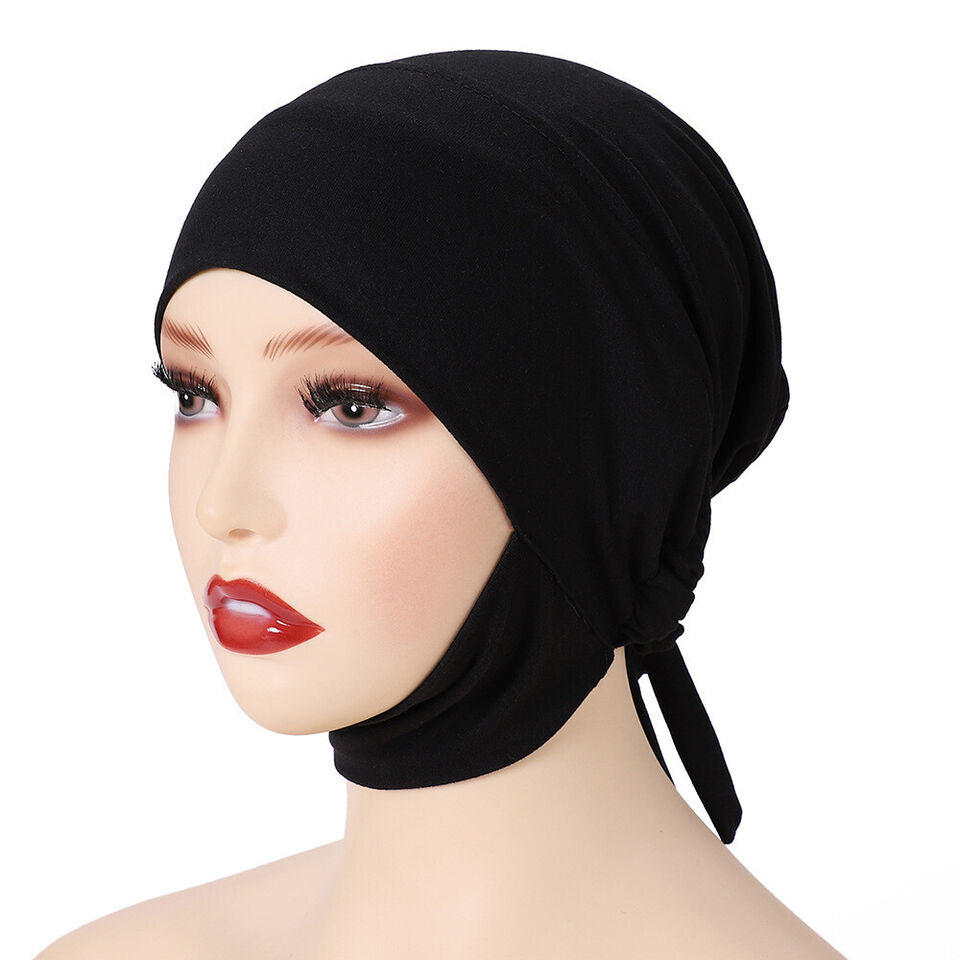 Hijab Cap Cover Chin with Adjustable Tie Back - Black