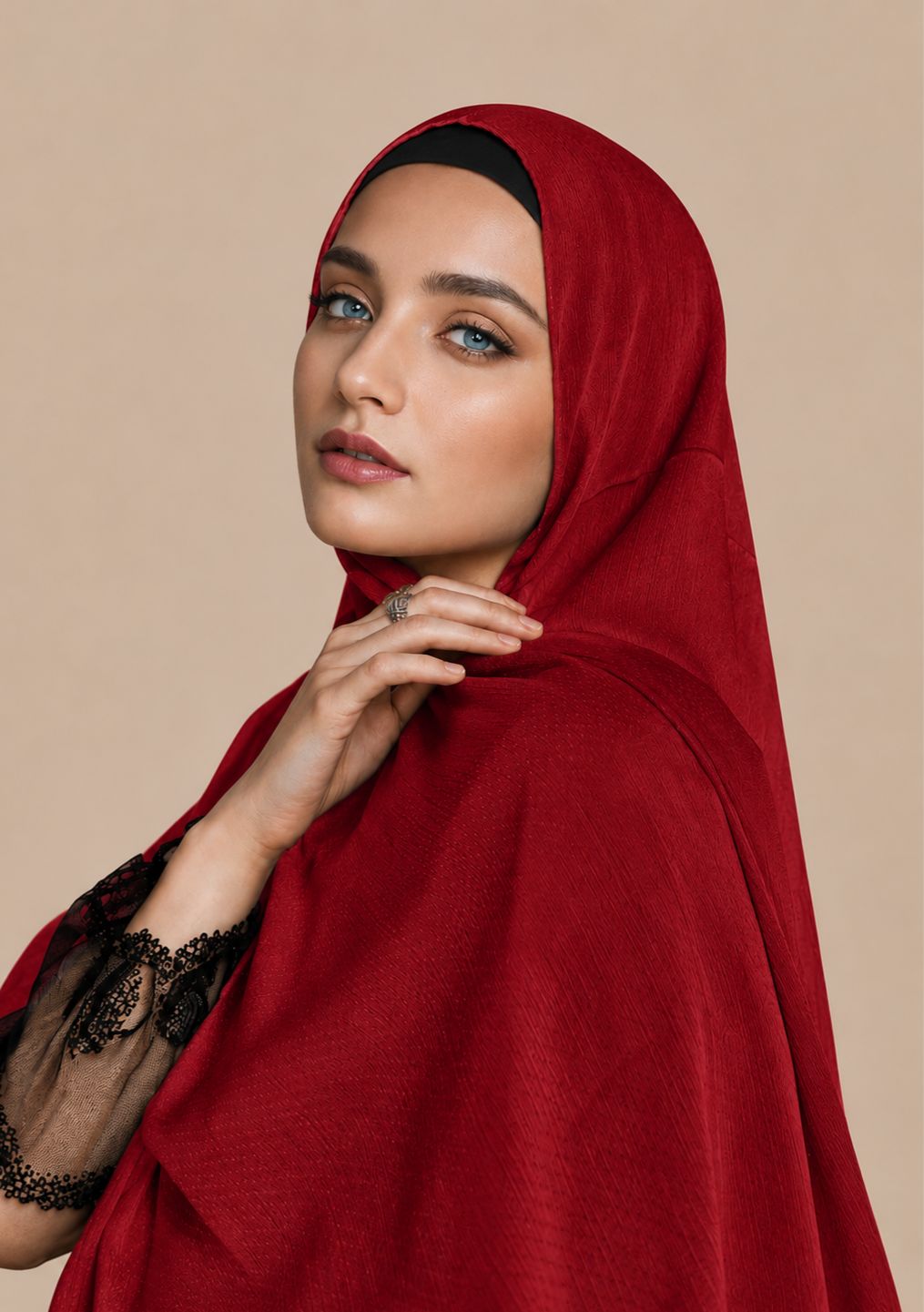 Cherry Red textured silk satin hijab – bold rich party hijab