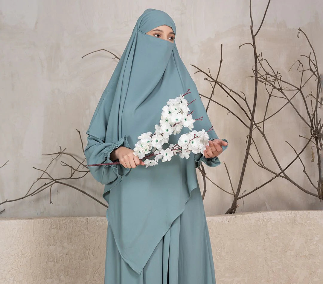 2. Elegant blue khimar side view for Islamic modest wear India
