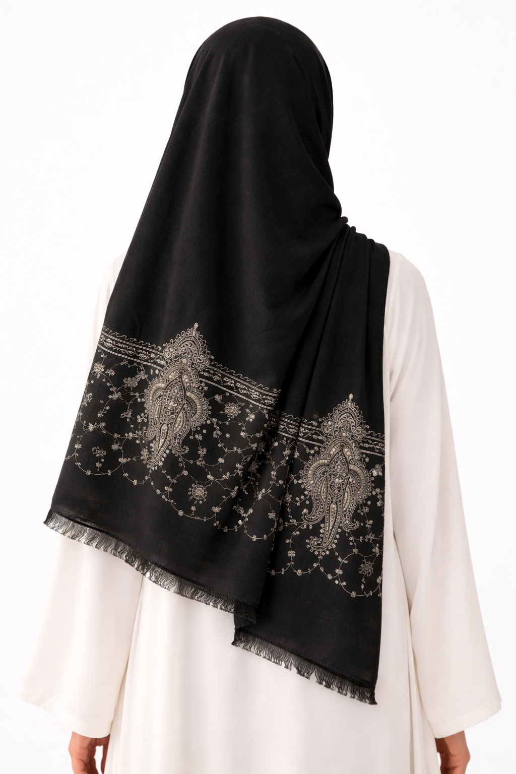 Paisley Thread Embroidery Hijab - Black