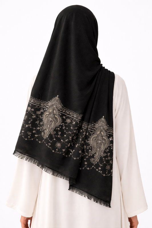 Paisley Thread Embroidery Hijab - Black