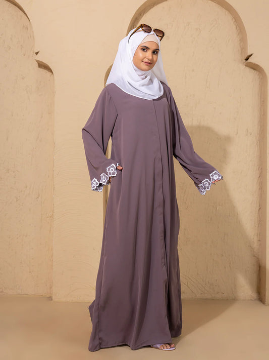 Mauve Embroidered Sleeve Abaya with Scarf