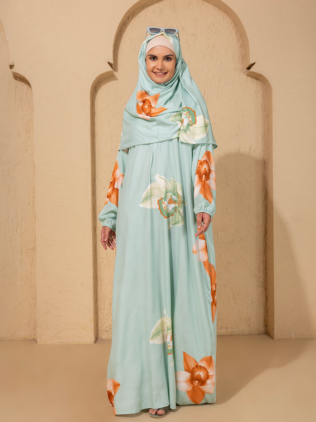 Blue Floral Print Prayer Gown
