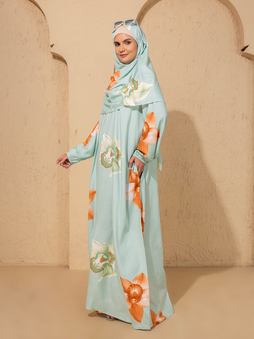 Blue Floral Print Prayer Gown