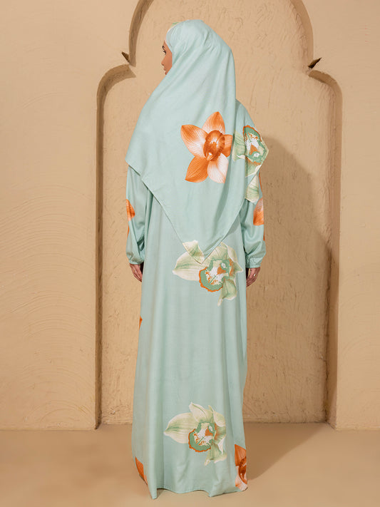 Blue Floral Print Prayer Gown