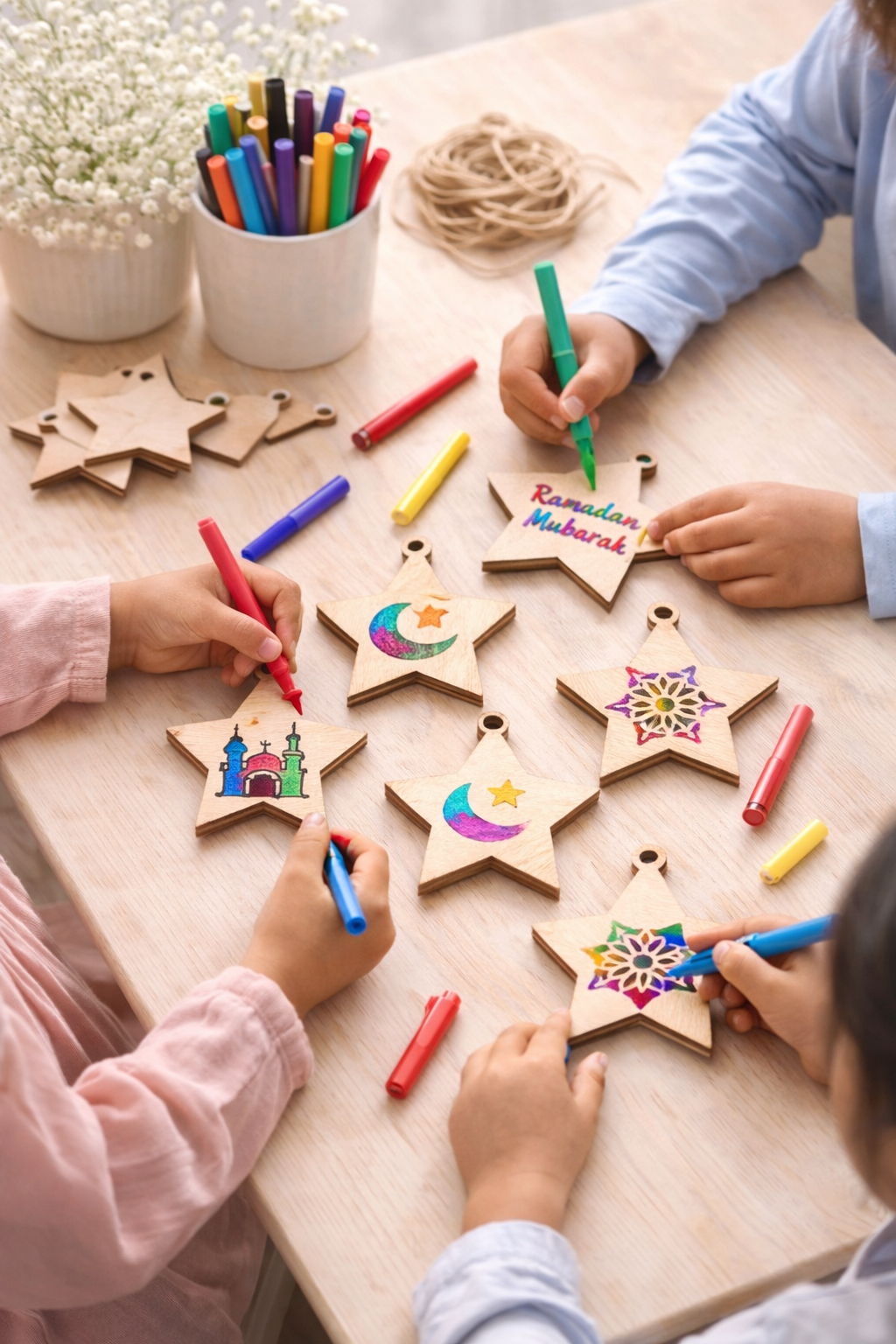 Ramadan Mubarak Wooden Star Hanging Decorations – DIY Colouring Craft Kit for Kids | Islamic Wall Décor (16 Pieces)