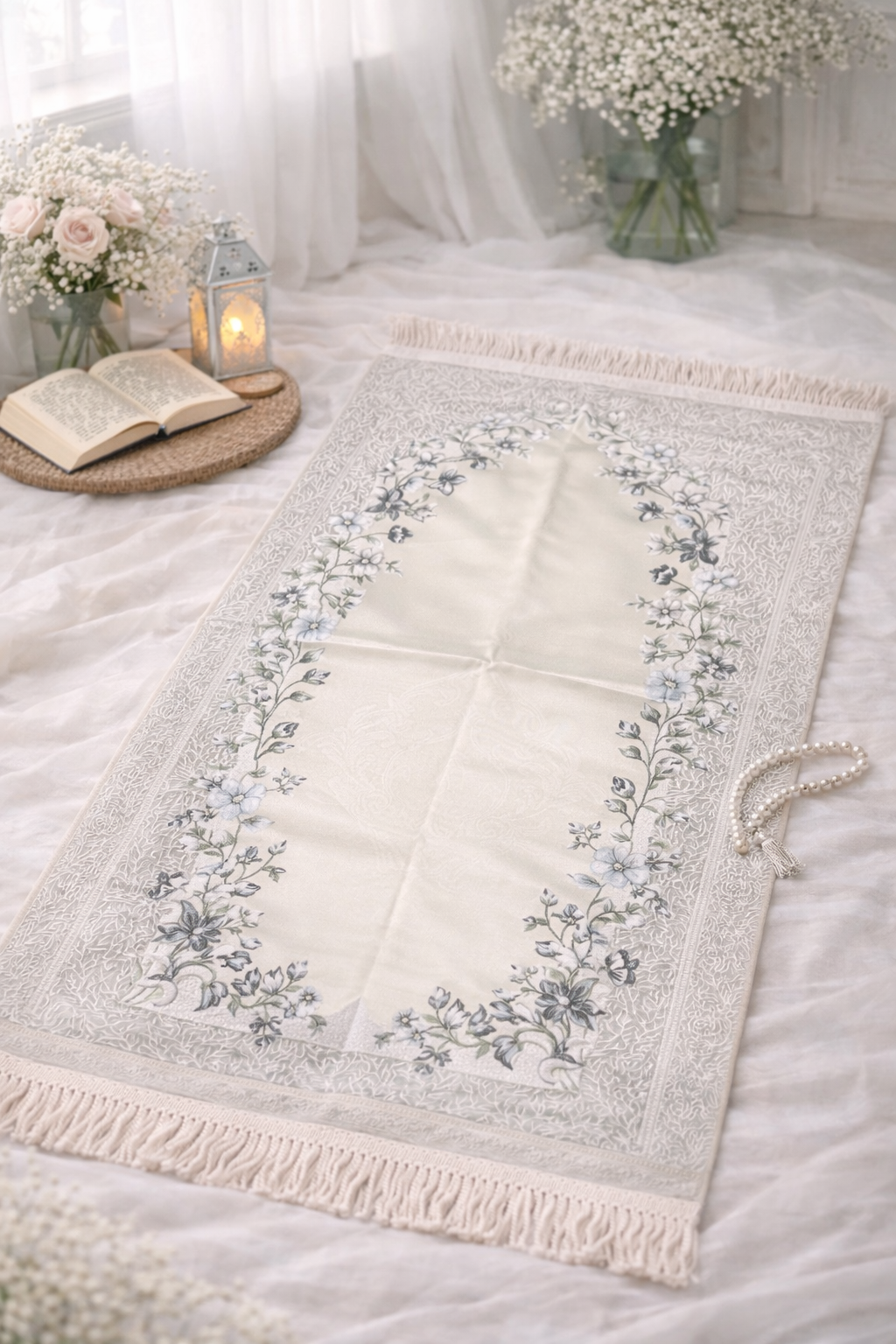 Pearl Grey Floral Janamaz (Prayer Mat) - Made in Turkey