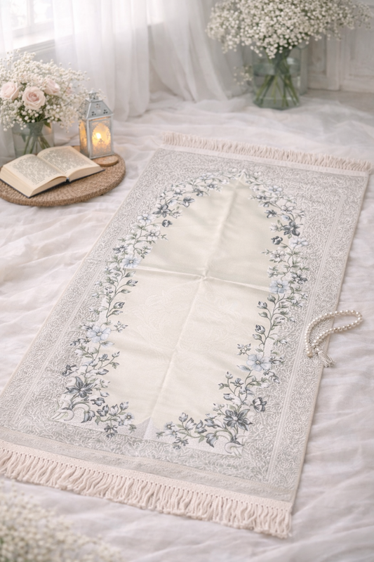 Pearl Grey Floral Janamaz (Prayer Mat) - Made in Turkey