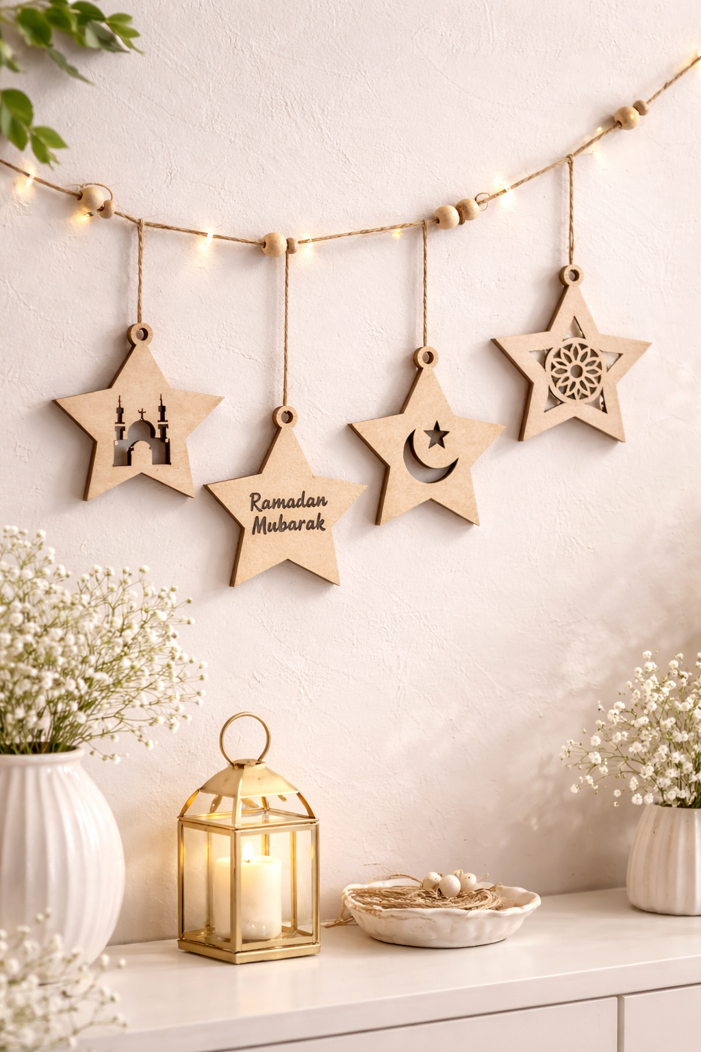 Ramadan Mubarak Wooden Star Hanging Decorations – DIY Colouring Craft Kit for Kids | Islamic Wall Décor (16 Pieces)