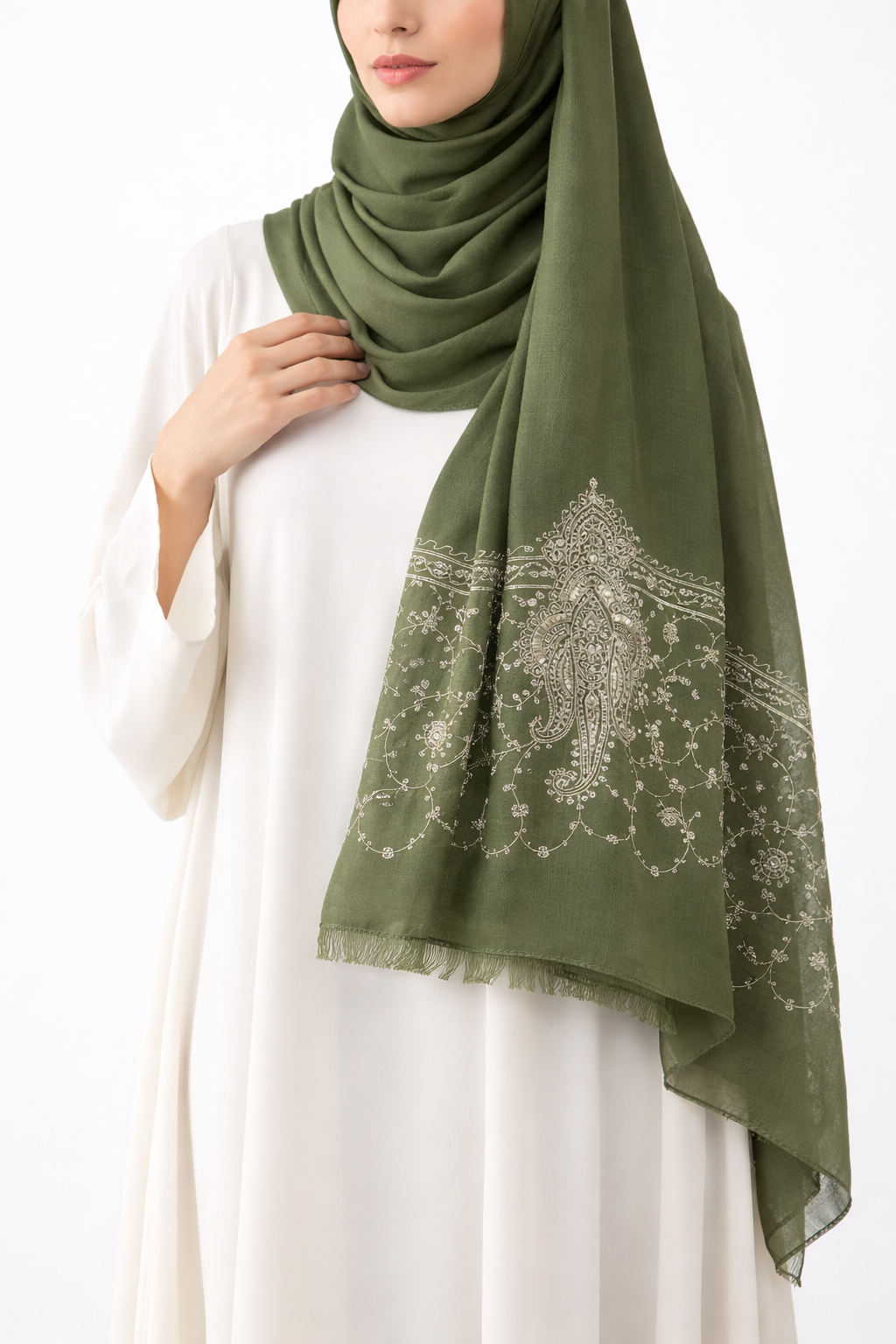 Paisley Thread Embroidery Hijab - Green