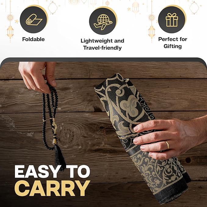 Black Floral Travel Friendly Janamaz (Prayer Mat)