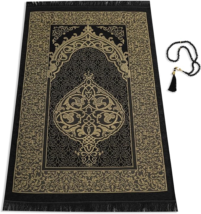 Black Floral Travel Friendly Janamaz (Prayer Mat)