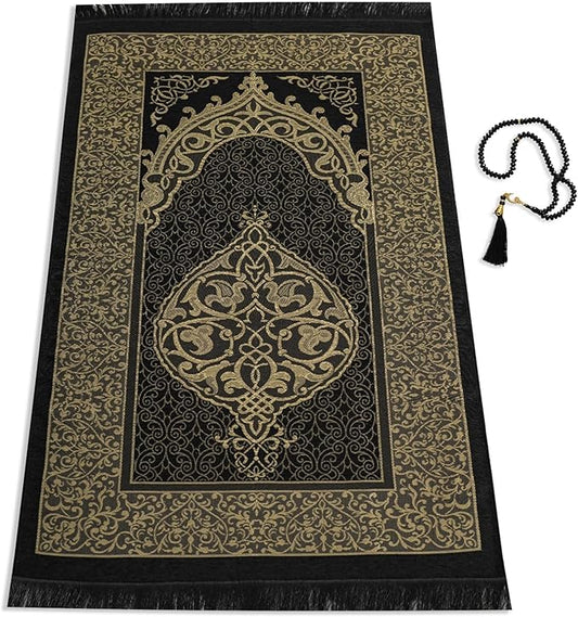 Black Floral Travel Friendly Janamaz (Prayer Mat)
