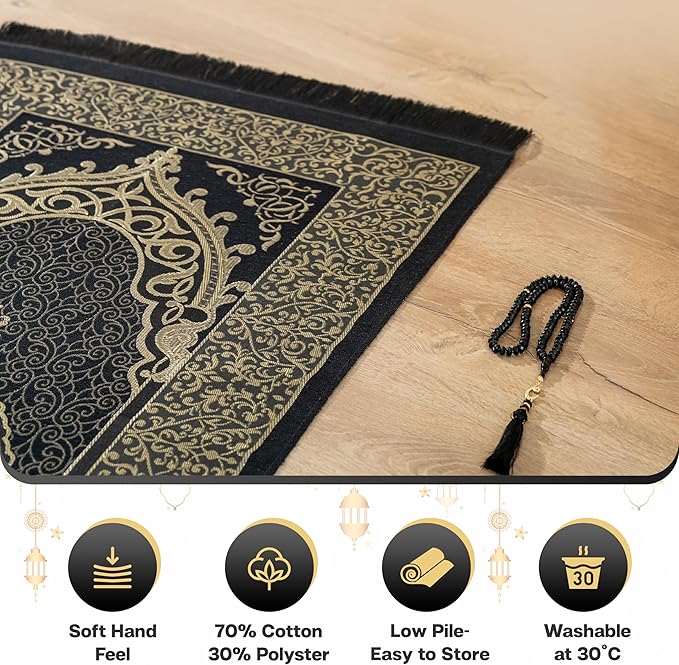 Black Floral Travel Friendly Janamaz (Prayer Mat)