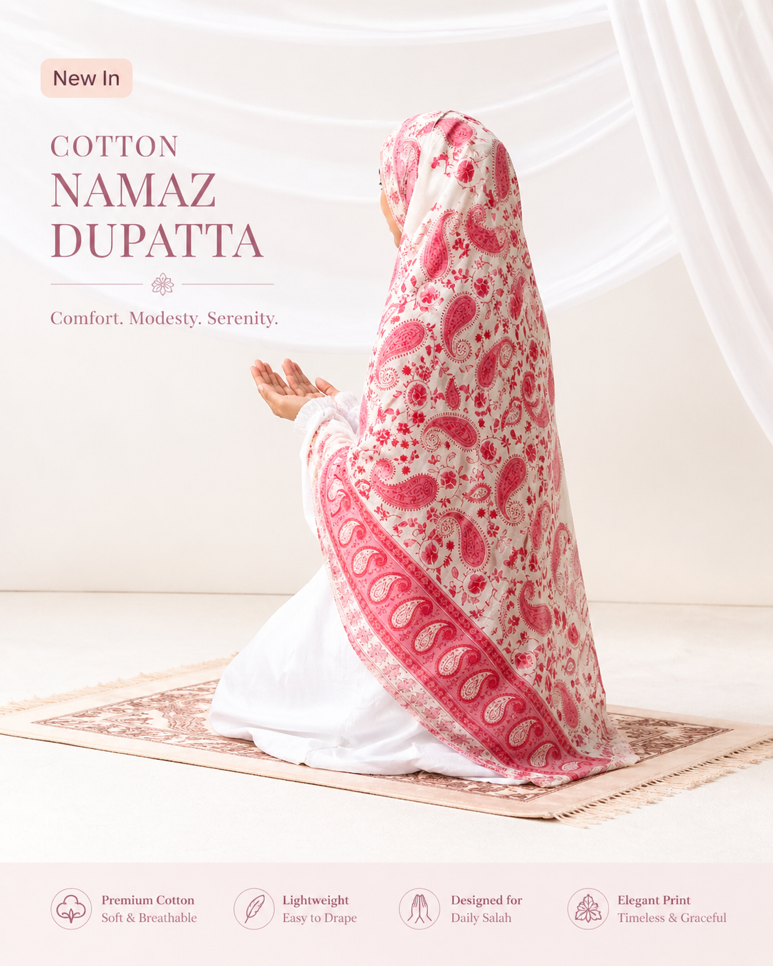 soft cotton namaz dupatta pink paisley print lightweight breathable prayer scarf for women