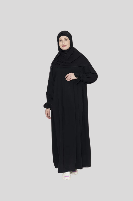 Front Pleated Abaya With Elasticated Sleeves & Scarf Black