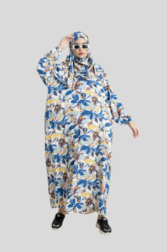Chic Leaf Print Prayer Gown Blue
