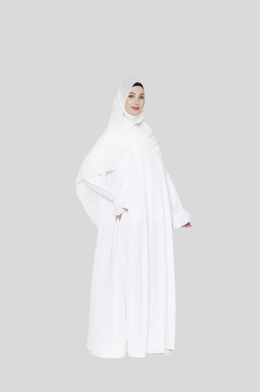 Pleated White Abaya - With Hijab