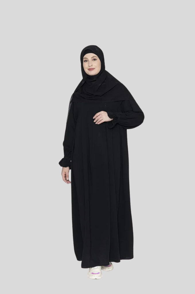 Front Pleated Abaya With Elasticated Sleeves & Scarf Black