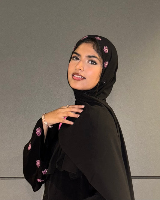 Midnight black luxury handwork hijab for party wear, premium designer modest fashion hijab India Mawdeest