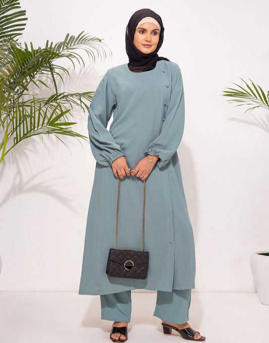Zahra Buttoned Co- Ord Set - Blue