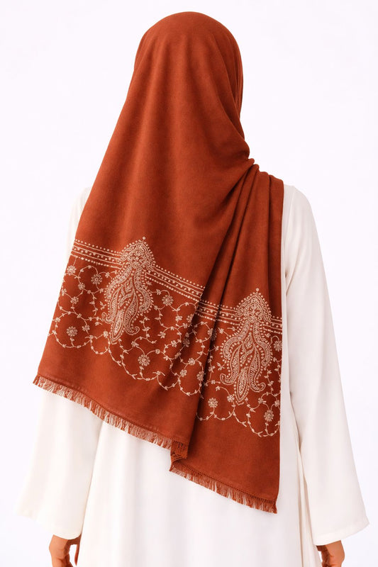 Paisley Thread Embroidery Hijab - Orange