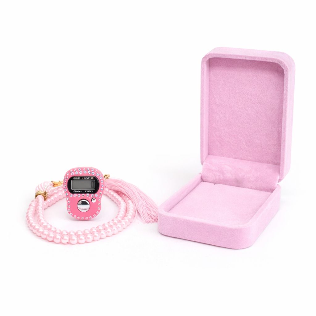 Prayer Beads with Digital Tasbih Counter Pink – Velvet Islamic Gift Set
