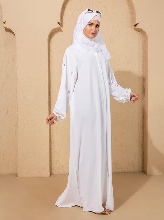 White Embroidered Pink Flower Sleeves Abaya