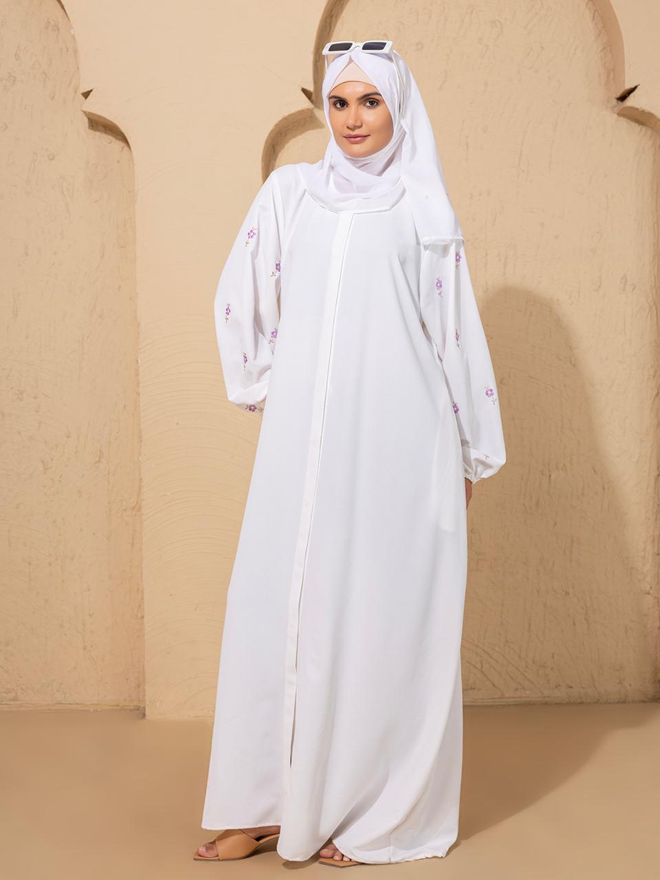 White Embroidered Pink Flower Sleeves Abaya