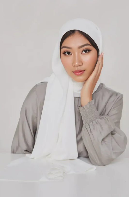 White medina silk hijab shop online India opaque chiffon non transparent soft lightweight modest scarf – Mawdeest
