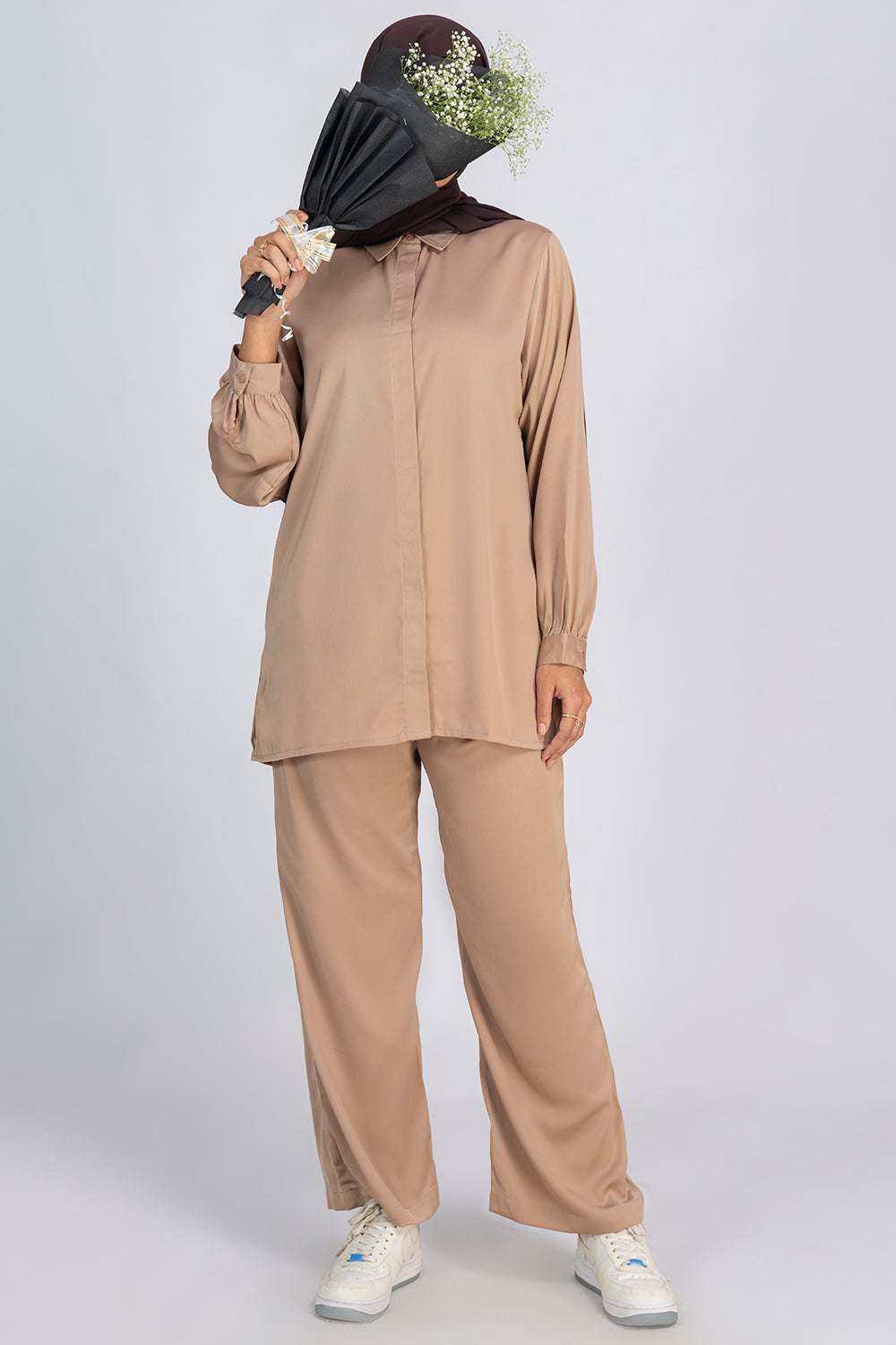 Best beige co-ord set modest fashion for women India, hijab friendly outfit, elegant neutral matching set Mawdeest