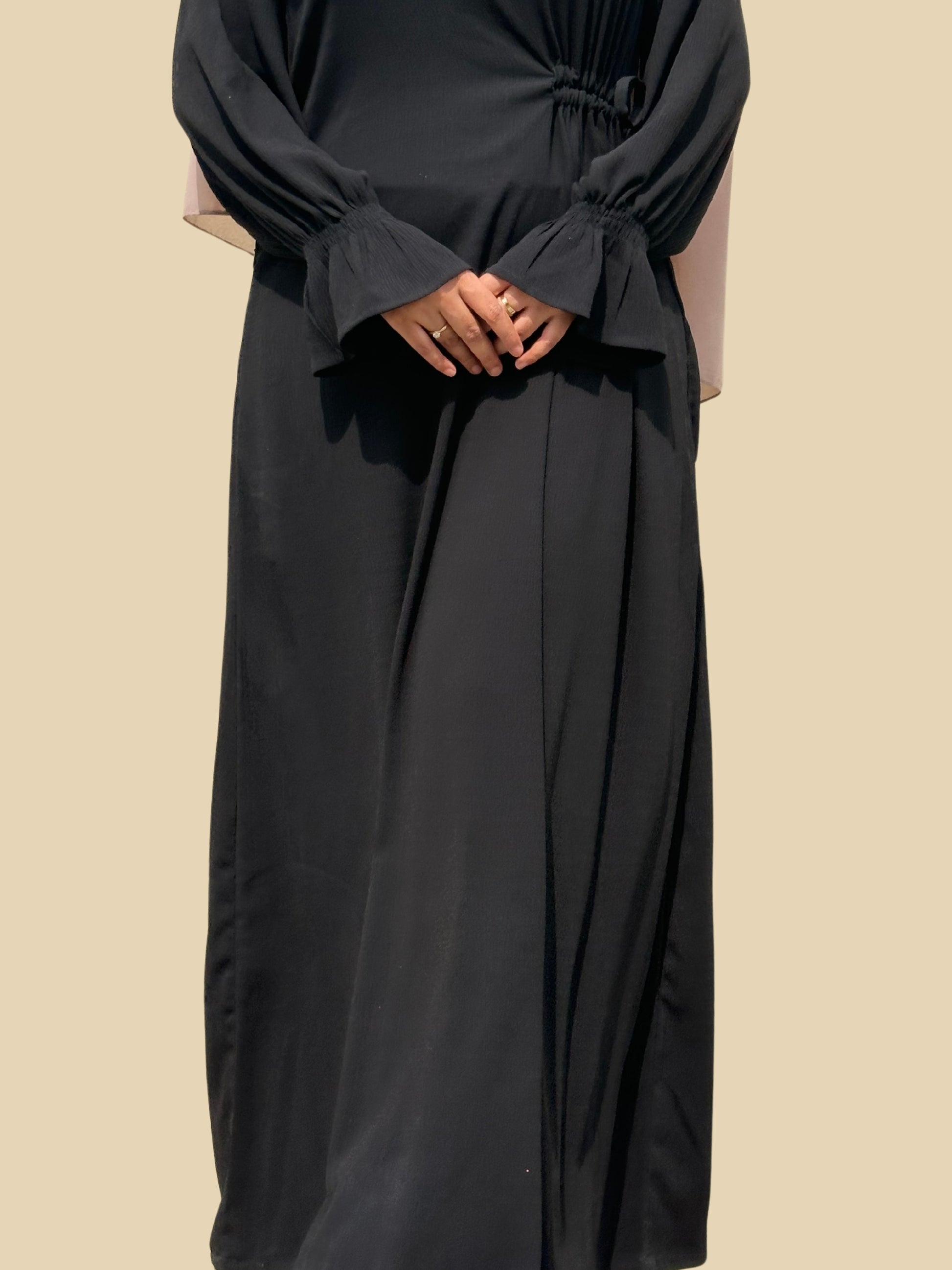 black crinkle abaya knot string women buy online India modern modest wear
